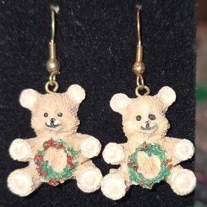 Cute Teddy Bear Earrings Holding Wreath Festive Charm Jewelry